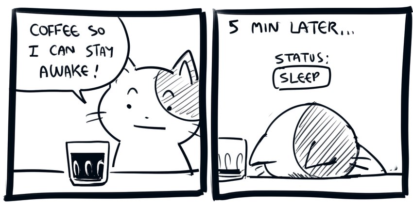 2_panel_comic ambiguous_gender anthro beverage black_eyes black_nose black_text coffee coffee_cup container cup dialogue dot_eyes ellipsis exclamation_point eyebrows mouth_closed sleeping solo speech_bubble talking_to_self text time_skip whiskers flavia-elric domestic_cat felid feline felis mammal 2023 black_and_white comic digital_media_(artwork) english_text hi_res monochrome