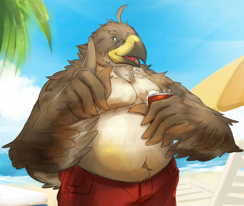 alcohol anthro beach beak beer belly beverage beverage_can big_belly biped black_beak bottomwear brown_body brown_feathers clothed clothing cloud day feather_hands feathered_wings feathers front_view furgonomics gesture green_eyes hand_gesture kemono looking_at_viewer male multicolored_beak multicolored_body multicolored_feathers navel open_beak open_mouth open_smile outside overweight overweight_anthro overweight_male palm_tree plant pointing pointing_up sand seaside shorts sky smile smiling_at_viewer solo standing swimwear tail tail_clothing tail_feathers tongue topless tree two_tone_beak water white_body white_feathers wings yellow_beak cinna-tree accipitrid accipitriform avian bird 2018 hi_res portrait three-quarter_portrait