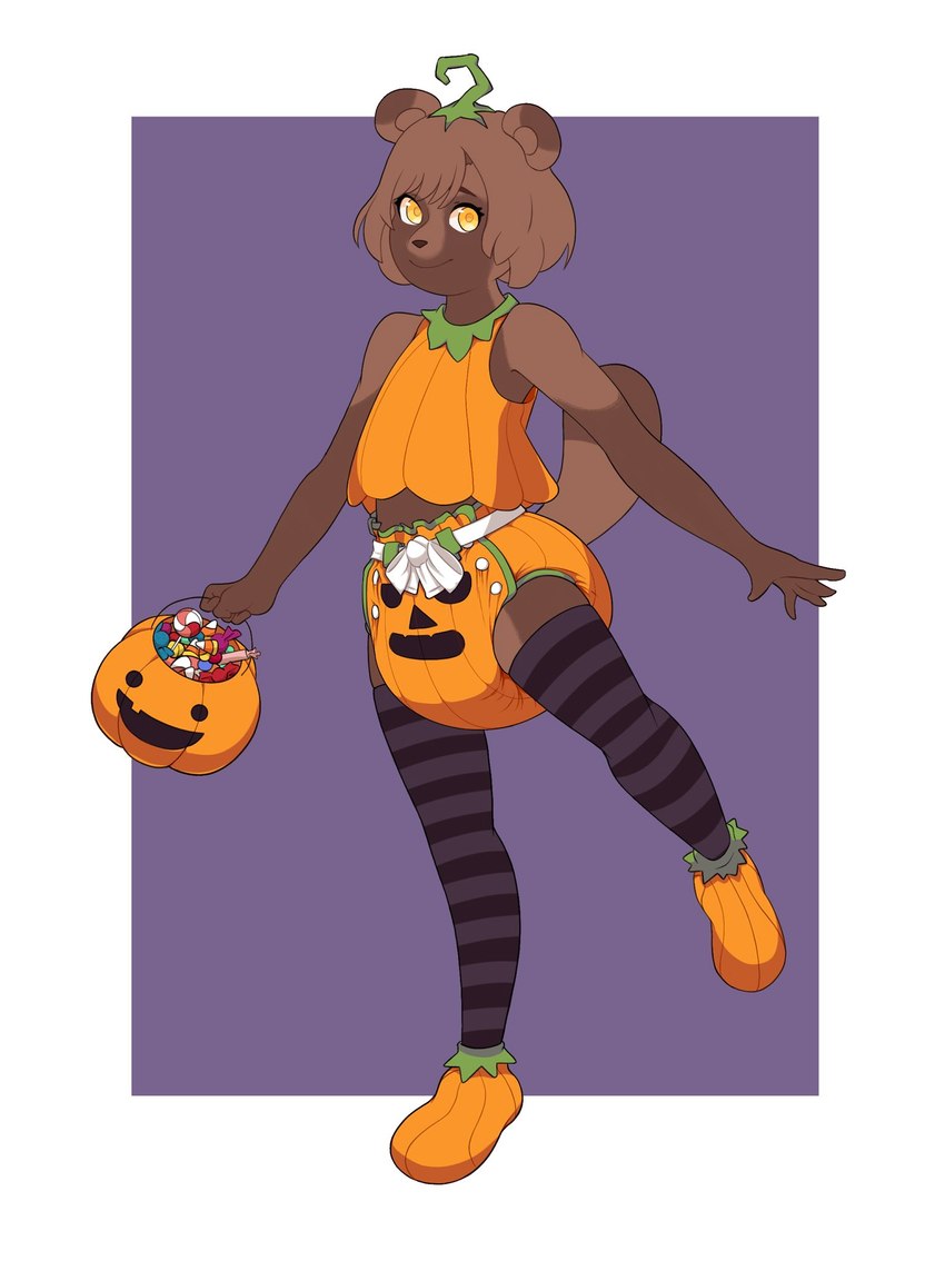 anthro bow_ribbon brown_body brown_fur brown_hair candy candy_bucket clothing costume dessert diaper diaper_cover diaper_under_clothing female food footwear fruit fur hair halloween_costume holidays legwear looking_at_viewer on_one_leg plant pumpkin pumpkin_costume shoes simple_background solo standing thigh_highs yellow_eyes octojo halloween canid canine mammal raccoon_dog tanuki hi_res