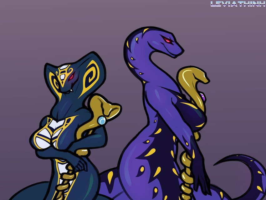 anthro apode big_breasts blue_body blue_scales breasts crossgender duo fangs female gloves_(marking) legless markings mtf_crossgender pupils purple_body purple_scales red_sclera scales serpentine slit_pupils staff teeth yellow_markings leviathinh lego ninjago pythor_(ninjago) skales_(ninjago) anacondrai draconcopode hypnobrai naga reptile scalie serpentine_(ninjago) snake hi_res