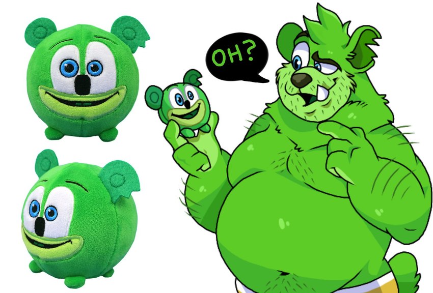 anthro belly candy clothing dessert food green_body gummy_(food) gummy_bear_(food) humanoid_hands male moobs navel overweight overweight_male plushie simple_background solo text underwear white_background lewdookami gummybear_and_friends gummibar bear mammal 2021