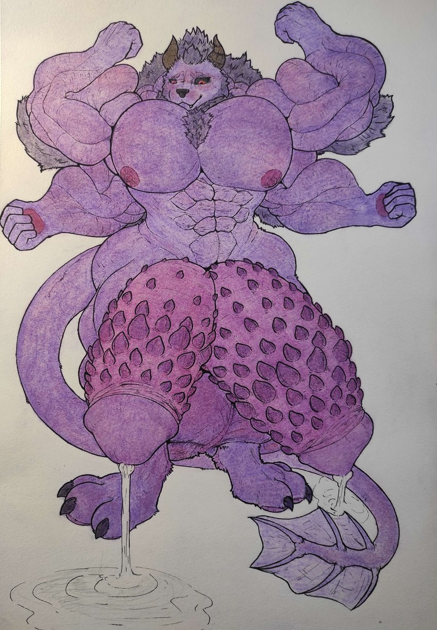 2_penises 4_arms balls big_muscles bodily_fluids cum flexing genital_fluids genitals horn huge_muscles hyper hyper_muscles male multi_arm multi_genitalia multi_limb multi_penis muscular paper penile_spines penis purple_body raliphoul_m-e-v aeros_the_behemoth behemoth_(disambiguation) 2023 absurd_res hi_res traditional_media_(artwork)