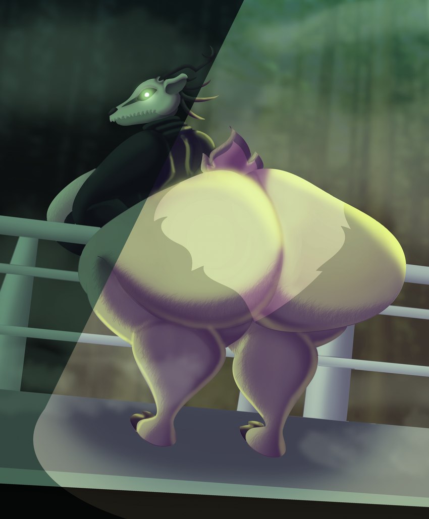 anthro antlers big_breasts big_butt black_antlers black_nose bone bottomless breasts butt clothed clothing female fence forest forest_background glowing glowing_eyes grey_body grey_inner_ear grey_tail hooves horn huge_breasts huge_butt hyper hyper_breasts hyper_butt looking_at_viewer looking_back looking_back_at_viewer nature nature_background night plant rear_view scut_tail short_tail skull skull_head solo tail thick_thighs tree white_ears white_eyes jacalope spooky's_jump_scare_mansion specimen_8 deer deity mammal monster 2024 colored digital_media_(artwork) hi_res shaded