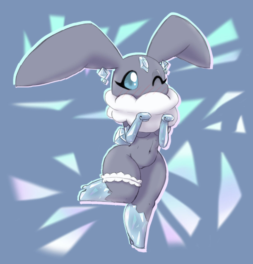 abstract_background anthro anthrofied big_ears blue_background blue_eyes blush breasts clothing eyelashes featureless_crotch female footwear gem glistening glistening_eyes grey_background grey_body navel neck_tuft one_eye_closed pokemorph shoes simple_background solo thick_thighs tuft under_boob bit-small nintendo pokemon carbink elemental_creature gem_creature generation_6_pokemon mineral_fauna pokemon_(species) colored hi_res shaded