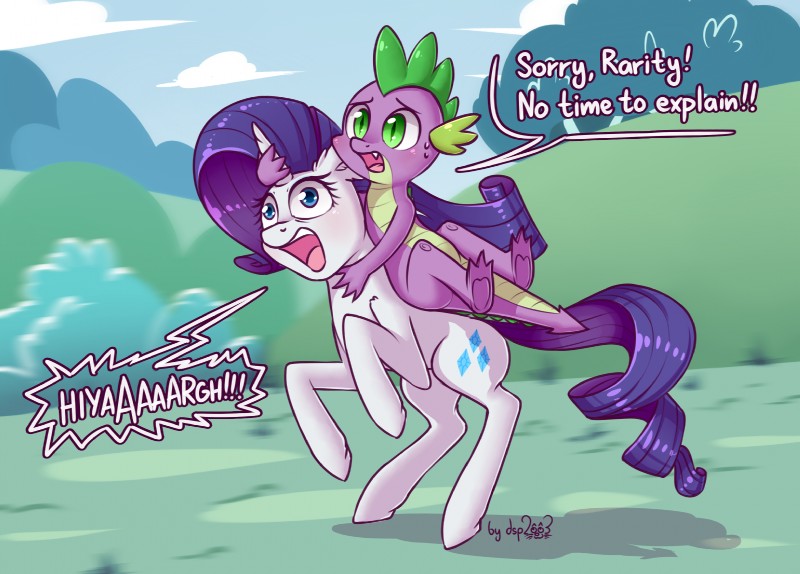 cloud cutie_mark detailed_background duo female feral grass hair horn male outside plant riding running screaming sky speech_bubble tail text dsp2003 friendship_is_magic hasbro my_little_pony mythology rarity_(mlp) spike_(mlp) dragon equid equine mammal mythological_creature mythological_equine mythological_scalie scalie unicorn 2018 english_text hi_res