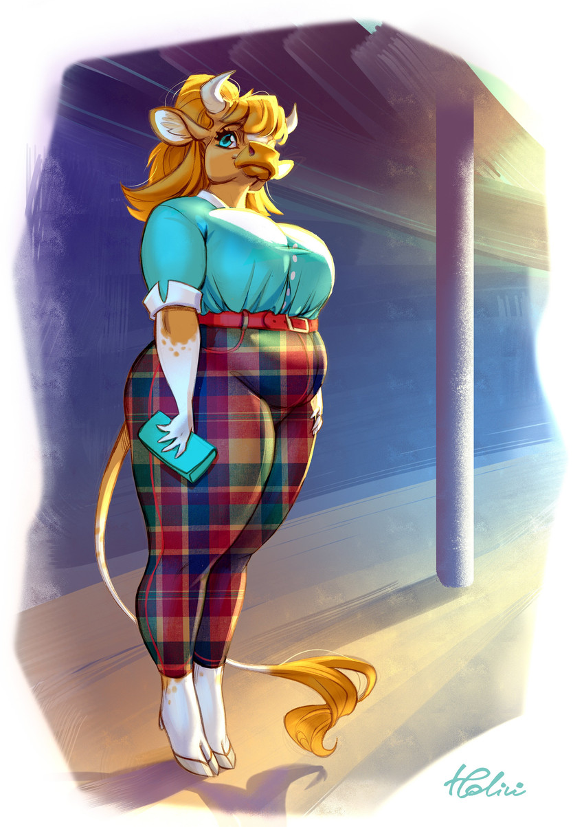 anthro big_breasts big_butt breasts butt clothed clothing clutch_(bag) female fully_clothed handbag hooves horn slightly_chubby solo standing tail tail_tuft thick_thighs tuft holivi bovid bovine mammal absurd_res hi_res