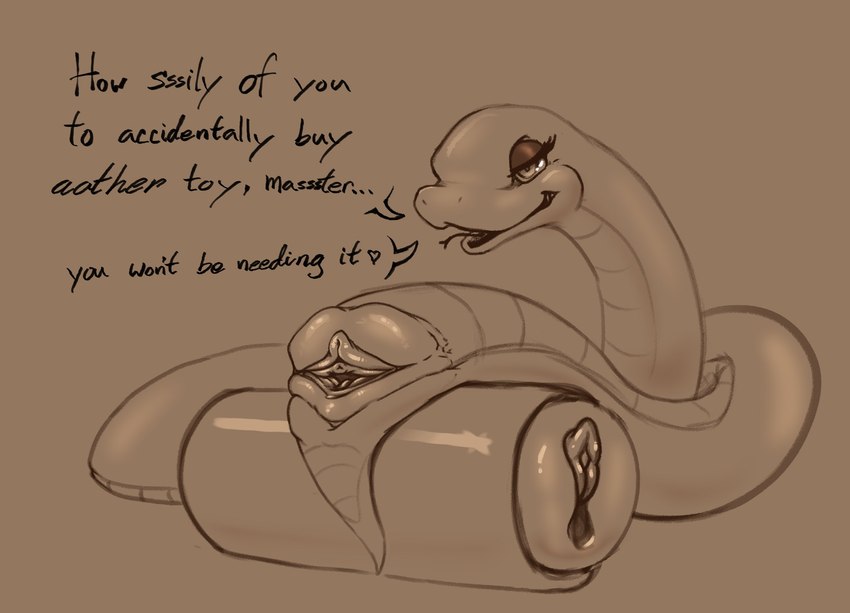 animal_genitalia bedroom_eyes cloaca female feral genitals legless narrowed_eyes penetrable_sex_toy presenting presenting_cloaca seductive sex_toy snake_fleshlight solo suggestive text wolps reptile scalie snake english_text hi_res monochrome sketch