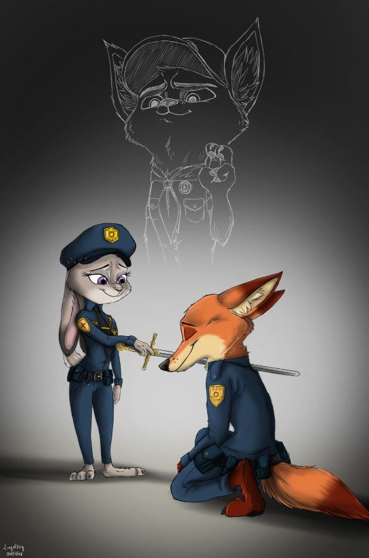 anthro ceremony claws clothed clothing dipstick_ears duo ear_markings eyes_closed female fur hat headgear headwear inner_ear_fluff knighting male melee_weapon multicolored_ears orange_body orange_fur police police_uniform purple_eyes simple_background smile sword tuft uniform weapon young ziegelzeig disney zootopia judy_hopps nick_wilde canid canine fox lagomorph leporid mammal rabbit red_fox true_fox 2018 digital_media_(artwork) hi_res