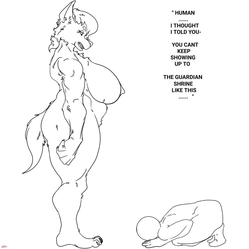 anthro back_muscles bangs belly big_breasts big_hands bowing breasts cheek_tuft chest_tuft claws dialogue duo facial_tuft fangs feet female fluffy fluffy_chest fluffy_tail hair hair_over_eye hair_over_face kneeling looking_down looking_down_at_another looking_down_at_partner male male/female medium_tail musclegut muscular muscular_female muscular_legs nails pointy_ears pointy_nipples pubes sharp_teeth shoulder_length_hair size_difference speech_bubble strong_female tail teeth text thick_thighs toe_claws toenails toes tuft wide_hips worship worship_request worshiping harpseal canid canine canis deity devine_jackal human jackal mammal absurd_res hi_res