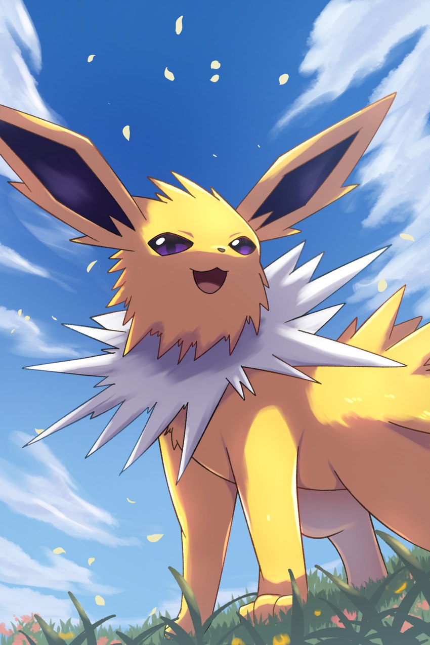 ambiguous_gender cloud feral fur grass open_mouth open_smile outside paws plant purple_eyes sky smile yellow_body yellow_fur rumine nintendo pokemon eeveelution generation_1_pokemon jolteon pokemon_(species) 2:3 hi_res