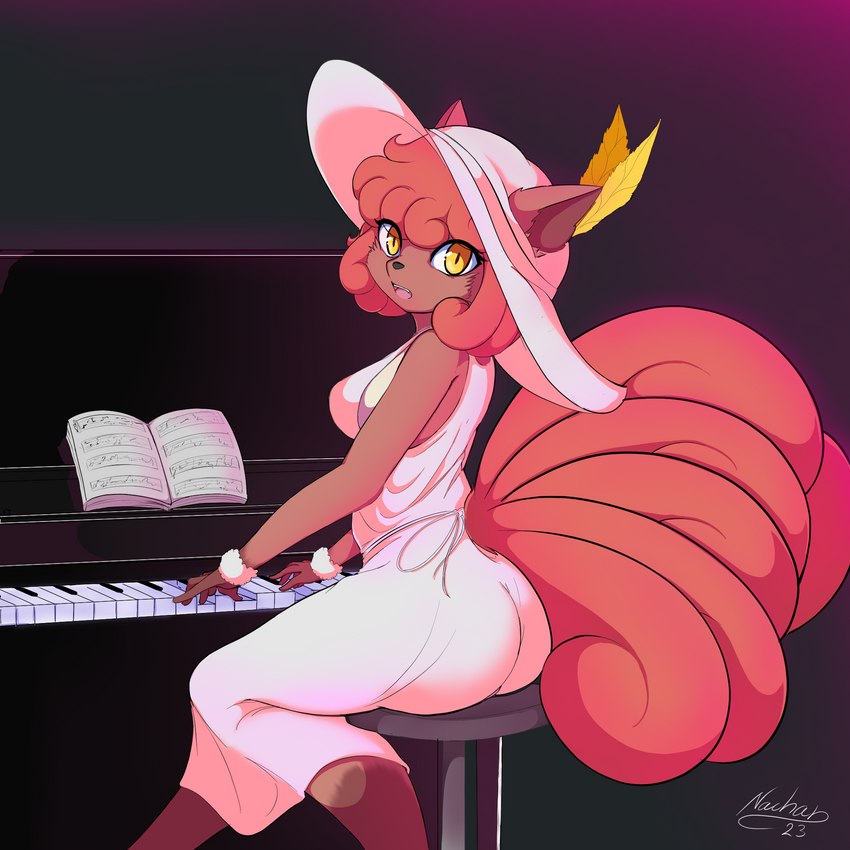 6_tails anthro breasts clothed clothing dress feathers female hair hat hat_feather headgear headwear keyboard_instrument looking_at_viewer loose_feather multi_tail musical_instrument open_mouth piano playing_music playing_piano pokemorph sheet_music simple_background sitting solo tail nachan nintendo pokemon elise_(nachan) canid canine generation_1_pokemon mammal pokemon_(species) vulpix 1:1 digital_media_(artwork) hi_res