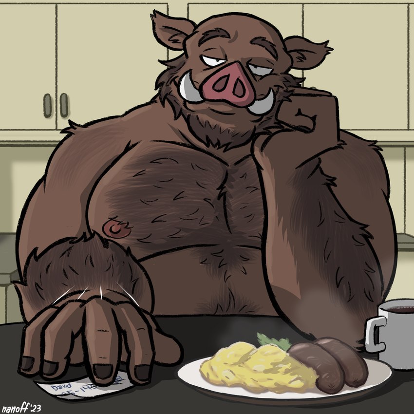 anthro beard beverage body_hair brown_body brown_fur coffee facial_hair food fur hand_on_chin kitchen male mature_male meat musclegut muscular muscular_male nipples overweight overweight_male sausage shirtless sitting slightly_chubby slightly_chubby_male solo nanoff suarez_(nanoff) mammal suid suina sus_(pig) wild_boar 1:1 hi_res