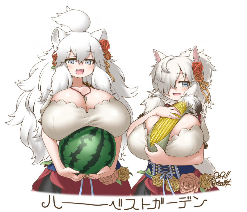 :d ahoge big_breasts blue_eyes blush breasts cleavage clothed clothing corn corset duo fangs female flower fluffy fluffy_hair food fruit hair hair_over_eye holding_food holding_object horizontal_pupils huge_breasts inner_ear_fluff jewelry lingerie long_hair melon necklace one_eye_obstructed open_mouth plant ponytail pupils shirt smile suggestive teeth text topwear tuft watermelon white_hair yoshida_hideyuki kemono_friends suri_alpaca_(kemono_friends) white_lion_(kemono_friends) alpaca_humanoid animal_humanoid camelid camelid_humanoid felid felid_humanoid humanoid lion_humanoid mammal mammal_humanoid pantherine pantherine_humanoid 2020 hi_res japanese_text signature watermark