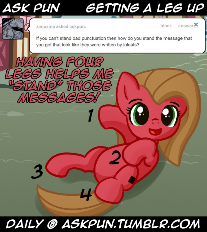 female feral humor joke quadruped tail text unknown_artist ask_pun hasbro my_little_pony tumblr fan_character pun_pony earth_pony equid equine horse mammal pony comic english_text url