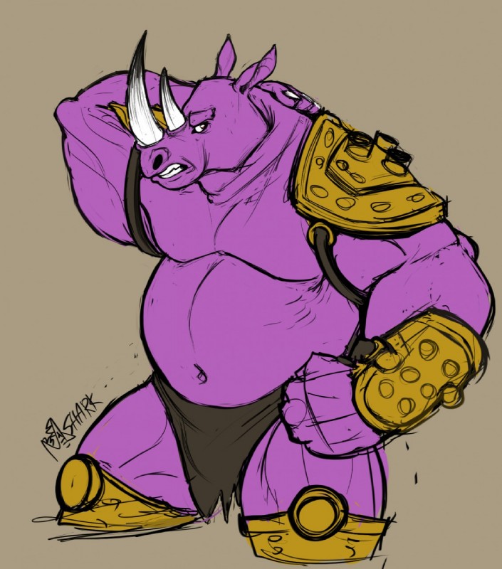 anthro armor belly biceps black_bottomwear black_clothing bottomwear brown_background clothed clothing eyebrows front_view greaves hand_behind_head horn loincloth looking_at_viewer male musclegut muscular muscular_anthro muscular_male navel pauldron pecs purple_belly purple_body purple_eyebrows purple_skin simple_background solo standing teeth thick_eyebrows vambrace white_horn manlyshark altered_beast sega neff_(altered_beast) van_vader mammal rhinoceros 2014 digital_media_(artwork) hi_res portrait signature three-quarter_portrait