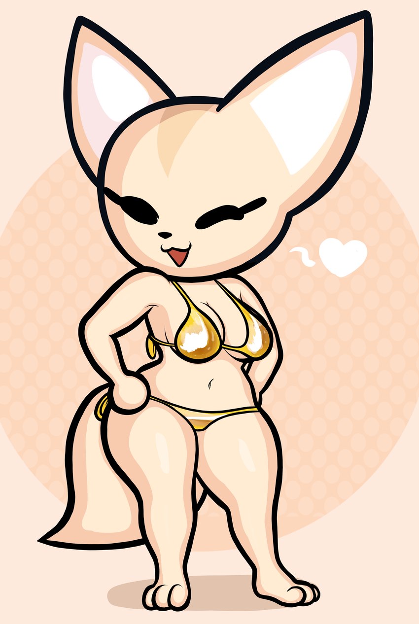 3_toes abstract_background anthro bikini clothing feet female gold_bikini heart_symbol navel one_eye_closed solo swimwear toes two-piece_swimsuit wink blackmore aggretsuko sanrio fenneko canid canine fennec_fox fox mammal true_fox absurd_res hi_res