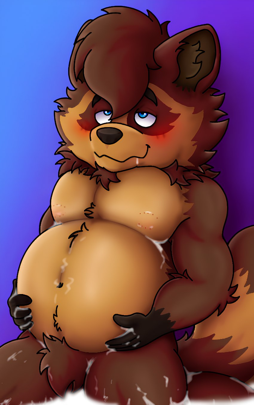 anthro aroused belly bent_legs big_belly bite_mark_on_breast black_hands bloated blue_background blue_eyes bodily_fluids body_fur brown_body brown_fur cum cum_inflation cum_inside cum_on_body cum_on_ground eye_roll fur genital_fluids hands_on_belly head_tuft inflation male muscular muscular_male neck_tuft pregnant pregnant_anthro pregnant_male raccoon_tail red_cheeks saliva simple_background sitting solo spread_legs spreading tuft rjquaty joaquin_quaty mammal procyonid raccoon hi_res