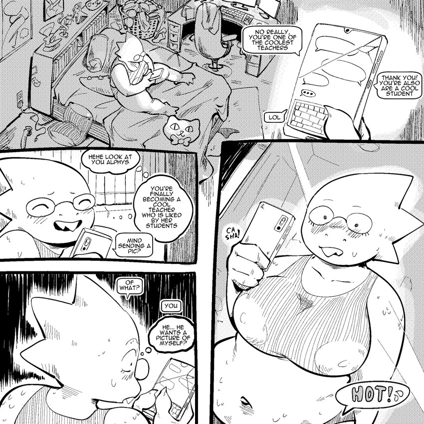 anthro bed bedroom belly blush clothing computer dialogue dildo electronics eyewear female furniture glasses phone round_glasses sex_toy sexting sitting slightly_chubby solo speech_bubble student teacher teacher_and_student text texting thought_bubble underwear box_chan deltarune undertale_(series) alphys reptile scalie 1:1 comic english_text hi_res monochrome