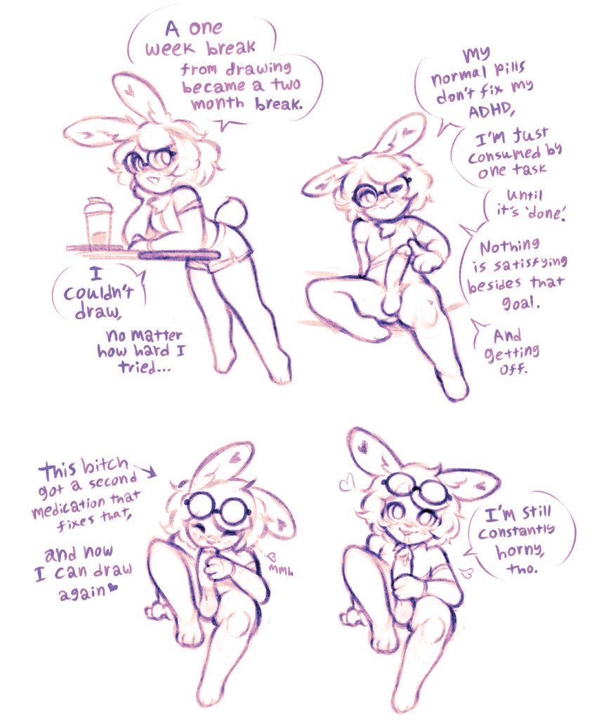 adhd anthro autofellatio balls big_penis bodily_fluids bottomless bottomless_anthro bottomless_gynomorph bottomless_intersex chest_tuft clothed clothing cum cum_in_mouth cum_in_own_mouth cum_in_self cum_inside cum_on_face cum_on_own_face cum_on_self dialogue drinking drinking_cum drinking_own_cum erection eyewear genital_fluids genitals glasses gynomorph heart_(marking) heart_symbol humanoid_genitalia humanoid_penis intersex leaning leaning_forward markings masturbation mental_health oral oral_masturbation penile penile_masturbation penis simple_background solo text tuft bestfriendforever besty_(character) lagomorph leporid mammal rabbit 2025 comic english_text hi_res restricted_palette sketch nonbinary_(lore)