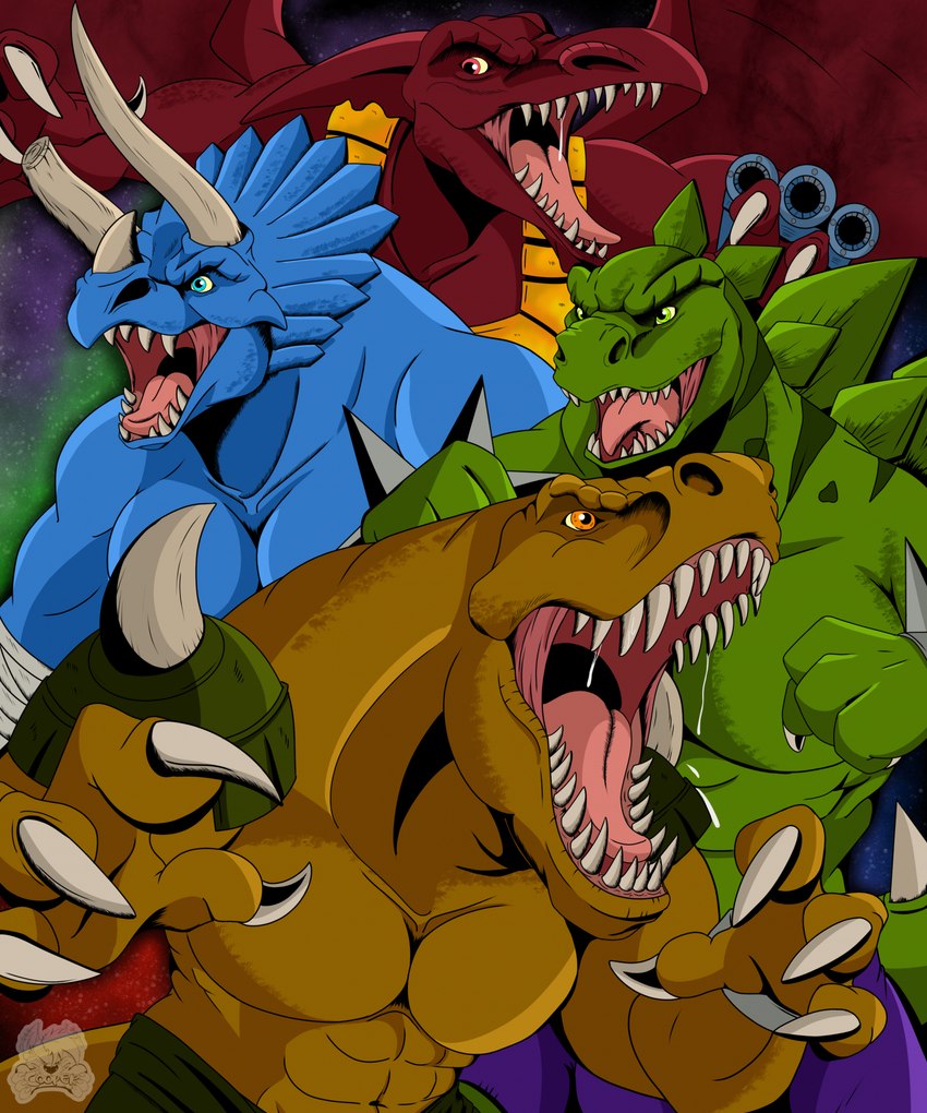 anthro armor claws group horn looking_aside looking_at_viewer male muscular muscular_male open_mouth sharp_teeth teeth wings cooper_toonhyena extreme_dinosaurs bullzeye spike_(extreme_dinosaurs) stegz t-bone_(extreme_dinosaurs) dinosaur prehistoric_species reptile scalie hi_res