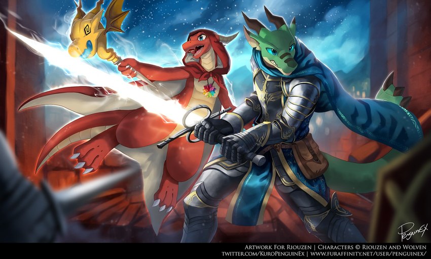 anthro armor bared_teeth blue_cape blue_clothing blue_eyes blue_sclera cape clothed clothing cloud duo energy_sword green_body holding_melee_weapon holding_object holding_staff holding_sword holding_weapon male melee_weapon night open_mouth red_body red_cape red_clothing staff star sword tail text weapon yellow_body penguinexperience mythology valuto_albireon dragon mythological_creature mythological_scalie scalie 5:3 english_text signature url