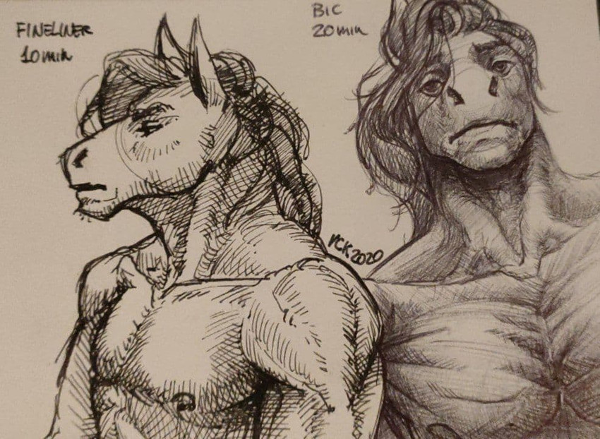 anthro ink male mane muscular muscular_anthro muscular_male nipples nude simple_background solo vck equid equine horse mammal 2020 monochrome sketch traditional_media_(artwork)