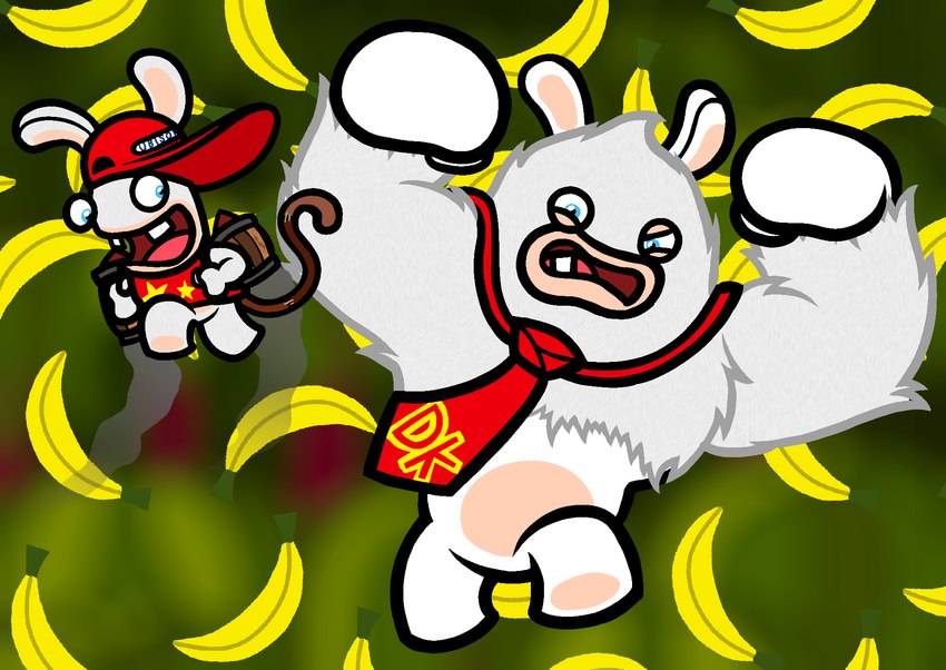 anthro arms_bent banana blue_eyes blurred_background bottomless bottomless_anthro bottomless_male buckteeth clothed clothed_anthro clothed_male clothing duo fake_tail fist food fruit fur hat headgear headwear jet_pack larger_anthro larger_male long_ears looking_at_another looking_at_viewer male midair mitten_hands mostly_nude mostly_nude_anthro mostly_nude_male multicolored_body muscular muscular_anthro muscular_male necktie necktie_only no_eyebrows noseless pawpads pink_tongue plant raised_hands red_clothing red_hat red_headwear red_necktie red_shirt red_tank_top red_topwear shirt sideways_hat size_difference smaller_anthro smaller_male smoke tan_eyelids tan_inner_ear tan_pawpads tank_top teeth text text_on_clothing text_on_hat text_on_headwear tongue topwear two_tone_body white_body white_fur captainquack64 mario_bros mario_plus_rabbids_kingdom_battle nintendo raving_rabbids rayman_(series) ubisoft fan_character rabbid_diddy_kong rabbid_kong lagomorph mammal rabbid 2024 crossover digital_drawing_(artwork) digital_media_(artwork) english_description flat_colors hi_res
