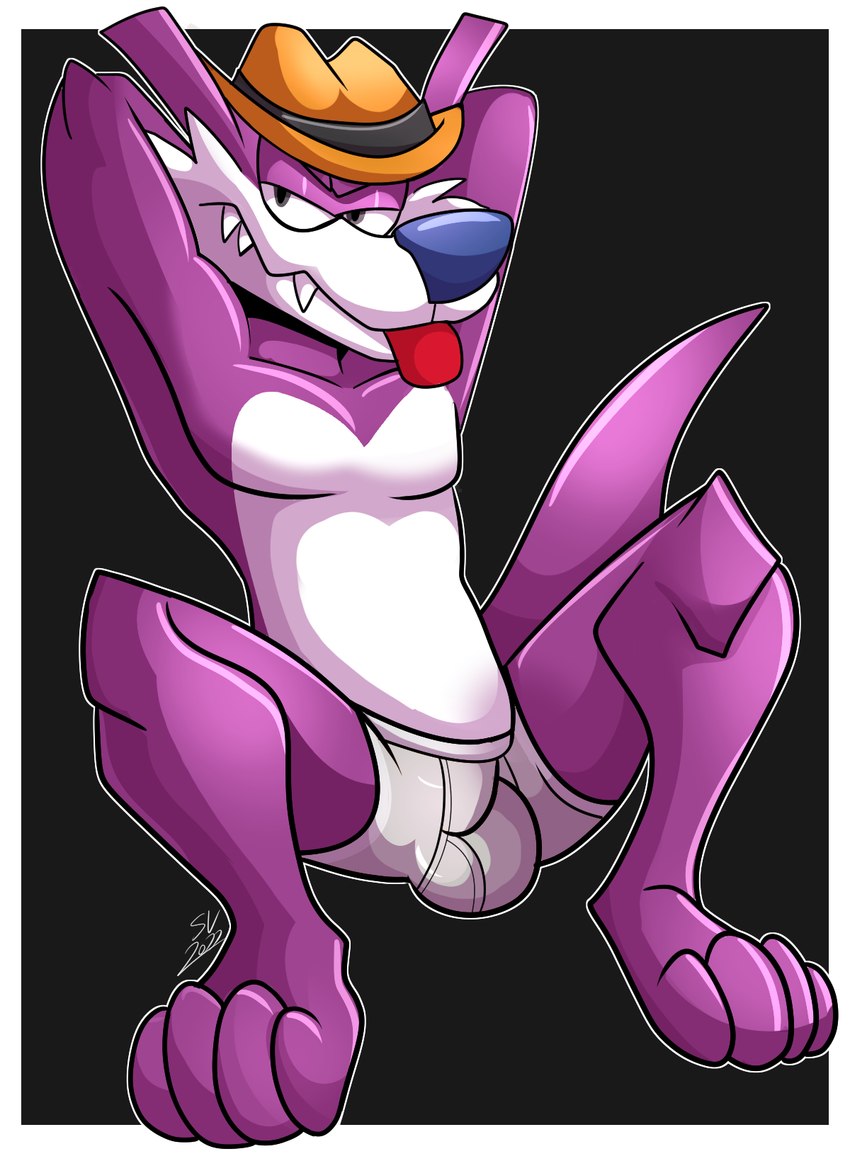 anthro big_feet bulge clothing feet fur grumpy half-closed_eyes hands_behind_back hat headgear headwear male narrowed_eyes purple_body purple_fur sharp_teeth solo teeth tongue tongue_out underwear white_body white_fur fatalsyndrome sega sonic_the_hedgehog_(series) fang_the_hunter dipodid jerboa mammal rodent hi_res