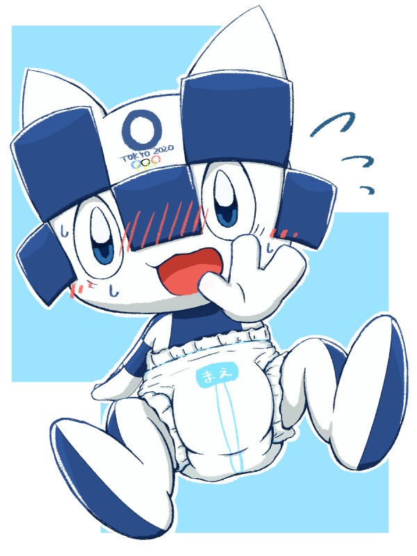 3_fingers ambiguous_gender anthro blue_eyes blush clean_diaper clothed clothing diaper diaper_only fingers mascot open_mouth solo topless wearing_diaper wetness_indicator rokesys 2020_tokyo_olympics olympics miraitowa unknown_species 2019 3:4 hi_res