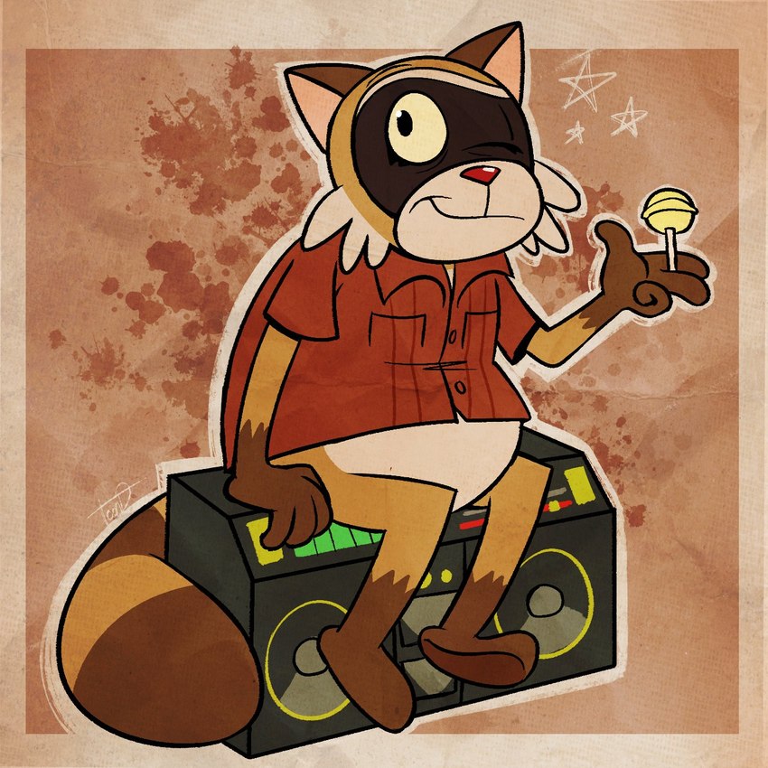 anthro belly bottomless brown_body brown_fur clothed clothing dress_shirt fur male one_eye_closed shirt sitting slightly_chubby solo stereo topwear wink yellow_eyes tloonatic robot_dreams rascal_(robot_dreams) mammal procyonid raccoon 1:1 hi_res