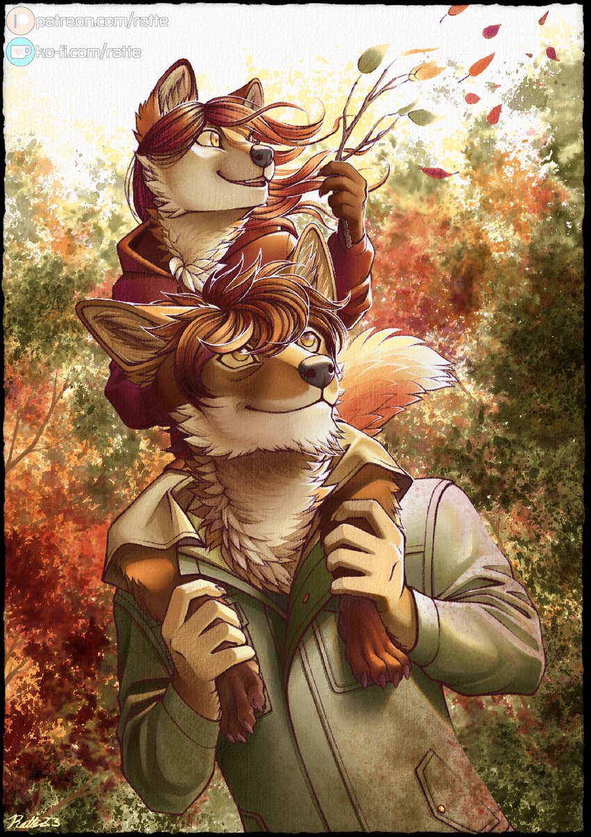 anthro border brown_hair carrying_another claws clothed clothing duo female fluffy fully_clothed hair hoodie jacket leaf long_hair male on_shoulders open_mouth outside plant red_hair short_hair smile text topwear transparent_border tree twig yellow_eyes conditional_dnp ratte legacy_(ratte) beyle kasai_(coyote) canid canine canis coyote faraden fox hybrid mammal new_faraden red_fox true_fox 2023 alpha_channel digital_drawing_(artwork) digital_media_(artwork) hi_res signature traditional_media_(artwork) url