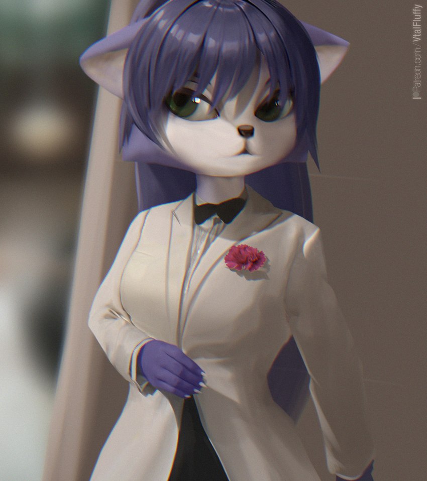 anthro blue_body blue_fur bow_tie clothing female flower fur green_eyes hair jacket long_hair plant red_flower suit topwear white_clothing white_suit v-tal 007 nintendo star_fox james_bond krystal_(star_fox) canid canine fox mammal 2023 hi_res