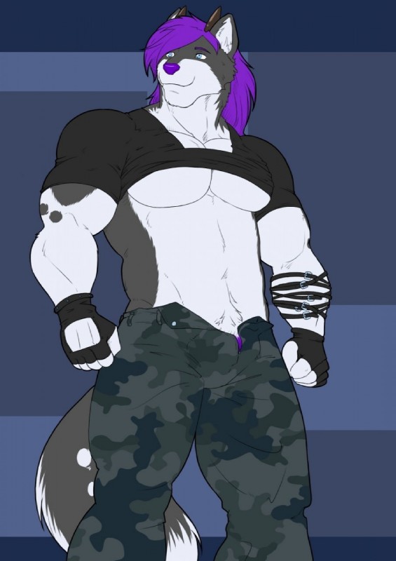 abs abstract_background anthro athletic biceps big_muscles biped blue_background blue_eyes bottomwear bulge clothed clothing clothing_lift fur genitals gloves grey_body grey_fur hair handwear horn leather leather_strap male manly markings muscular muscular_anthro muscular_male pants pecs penis penis_base pose purple_hair purple_nose purple_penis shirt shirt_lift simple_background smile solo spots standing straps topwear white_body white_fur kartos lesterhusky canid canine canis domestic_dog husky mammal nordic_sled_dog spitz hi_res