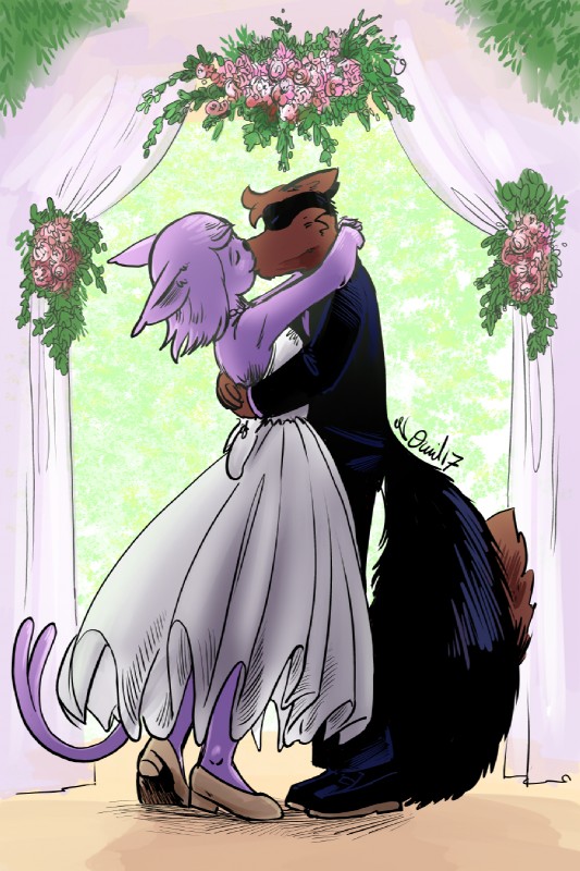 anthro bride brown_body brown_fur clothed clothing dark_body dark_fur day detailed_background dress duo eyes_closed female flower fur groom hair kissing male male/female pink_body pink_fur plant smile standing suit wedding wedding_dress p5ych latchkey_kingdom nintendo pokemon andrew_reynart sereina canid canine eeveelution espeon fox generation_2_pokemon mammal pokemon_(species) 2017 2:3 digital_media_(artwork) hi_res