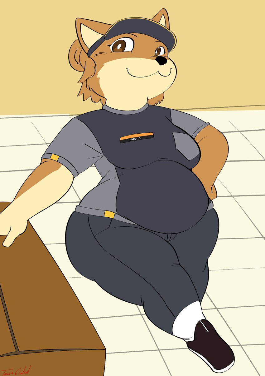 anthro black_nose bottomwear box breasts brown_body brown_eyes brown_fur cardboard cardboard_box clothed clothing container curvy_anthro curvy_female curvy_figure fast_food_employee fast_food_uniform female floor footwear fur hand_on_hip hat headgear headwear multicolored_body multicolored_fur name_tag overweight overweight_anthro overweight_female pants shirt shirt_pocket shoes smile solo thick_thighs tile tile_floor topwear two_tone_body two_tone_fur white_body white_fur wide_hips toonarscontent dogelore mcdonald's doge holly_avenue canid canine canis domestic_dog mammal shiba_inu spitz absurd_res hi_res meme