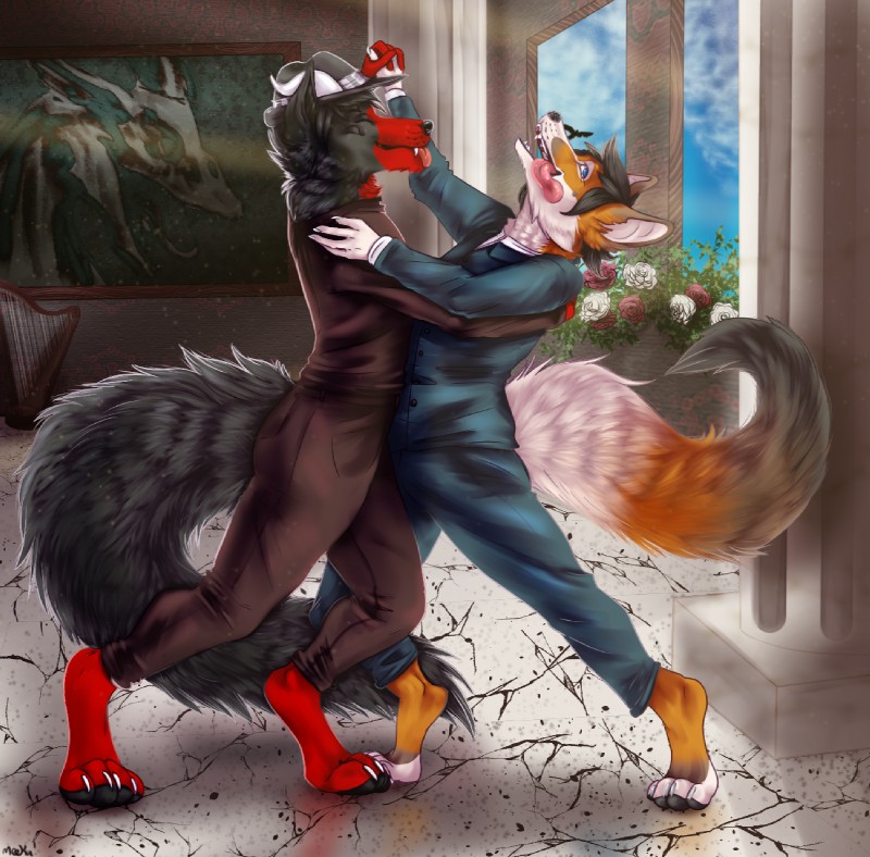 dancing duo male male/male romantic romantic_ambiance meeka-kun mythology canid canid_demon canine demon fox hellhound mammal mythological_canine mythological_creature hi_res