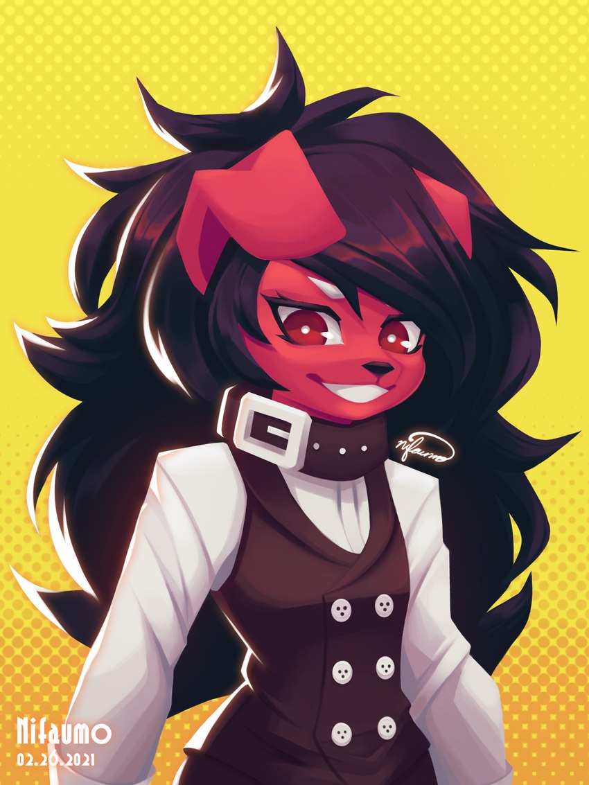 anthro biped black_hair clothing collar dress_shirt eyelashes female fur hair red_body red_ears red_eyes red_fur shirt simple_background smile solo topwear yellow_background nifaumo mythology fenrir_red canid canid_demon canine demon hellhound mammal mythological_canine mythological_creature 2021 3:4 digital_media_(artwork) digital_painting_(artwork) half-length_portrait hi_res portrait signature