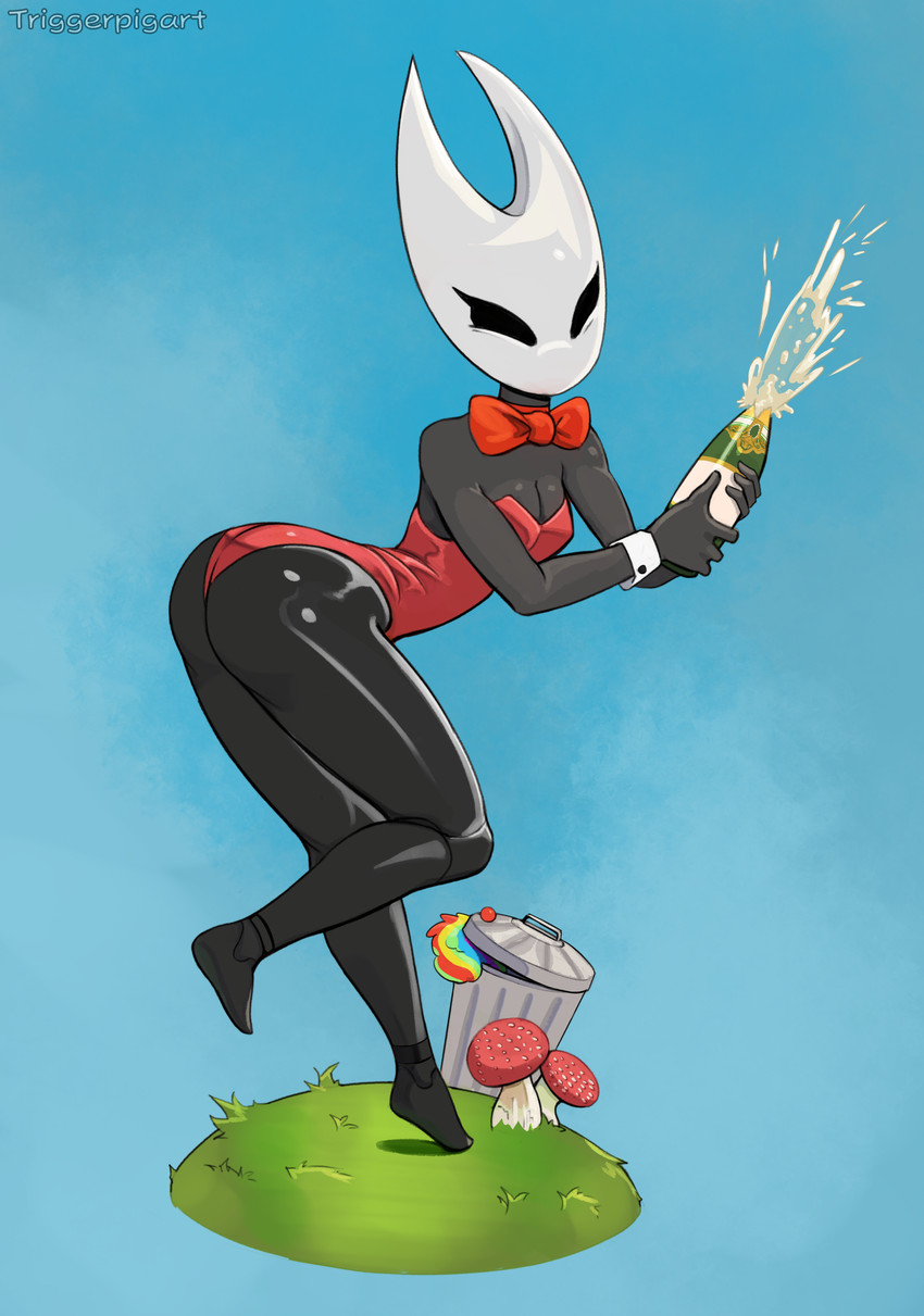 alcohol anthro barefoot beverage black_body black_eyes breasts bunny_costume butt champagne cleavage clothed clothing costume feet female soles solo triggerpigart hollow_knight:_silksong hollow_knight_(franchise) team_cherry hornet_(hollow_knight) arthropod insect 2025 absurd_res hi_res