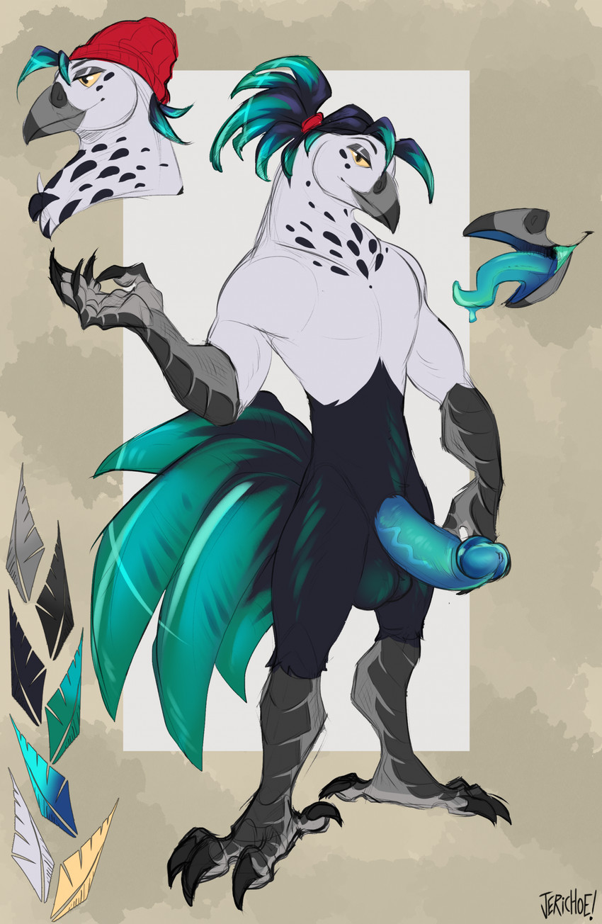 3_toes 5_fingers accessory anthro athletic athletic_anthro athletic_male balls beak beanie black_body black_feathers blue_penis blue_tail_feathers blue_tongue claws clothing color_swatch erection feathers feet fingers genitals glans hair hair_accessory hair_tie hat headgear headwear looking_at_viewer male multicolored_body multicolored_feathers muscular muscular_anthro muscular_male open_beak open_mouth penis simple_background solo tied_hair toe_claws toes tongue two_tone_feather_hair two_tone_tail_feathers vein veiny_penis white_body white_feathers yellow_sclera jerichoe slade_(dragonmate7) avian bird chicken galliform gallus_(genus) phasianid hi_res model_sheet