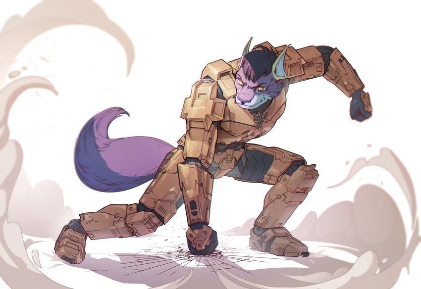 anthro armor cracked_ground cracks dust dust_cloud fluffy fluffy_tail fur hair male multicolored_body multicolored_fur pose purple_body purple_fur purple_hair shadow short_hair simple_background smile snout solo tail two_tone_body two_tone_fur white_background white_body white_fur yellow_eyes wexer mammal rodent sciurid tree_squirrel 2020 full-length_portrait hi_res portrait