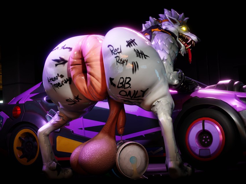 anthro anus balls barefoot big_anus big_balls big_butt big_maw bodily_fluids body_writing bottomless butt car clothed clothing digitigrade feet genital_fluids genitals glowing glowing_eyes huge_anus huge_balls huge_butt humanoid_genitalia humanoid_penis hyper hyper_anus leaking_precum long_snout looking_at_viewer looking_back looking_back_at_viewer male open_mouth open_smile paws penis precum presenting presenting_anus presenting_hindquarters saggy_balls smile snout solo tally_marks tongue tongue_out toothy_grin vehicle writing_on_butt maximumuwu epic_games fortnite mythology dire_(fortnite) canid canine mammal mythological_canine mythological_creature were werecanid werecanine werewolf 3d_(artwork) 4:3 absurd_res digital_media_(artwork) hi_res