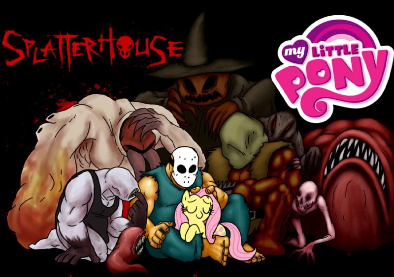 clothing eyes_closed female feral group hat headgear headwear male quadruped sleeping tail teeth mickeymonster friendship_is_magic hasbro my_little_pony splatterhouse biggy_man fluttershy_(mlp) master_dead rick_taylor terror_mask boreworm equid equine horse human mammal monster pony undead zombie crossover