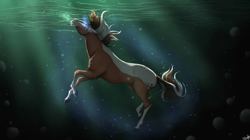 ambiguous_gender blue_eyes brown_body brown_mane brown_tail bubble feral glowing glowing_eyes mane side_view solo tail underwater water white_body white_mane white_tail scarlanya equid equine horse mammal