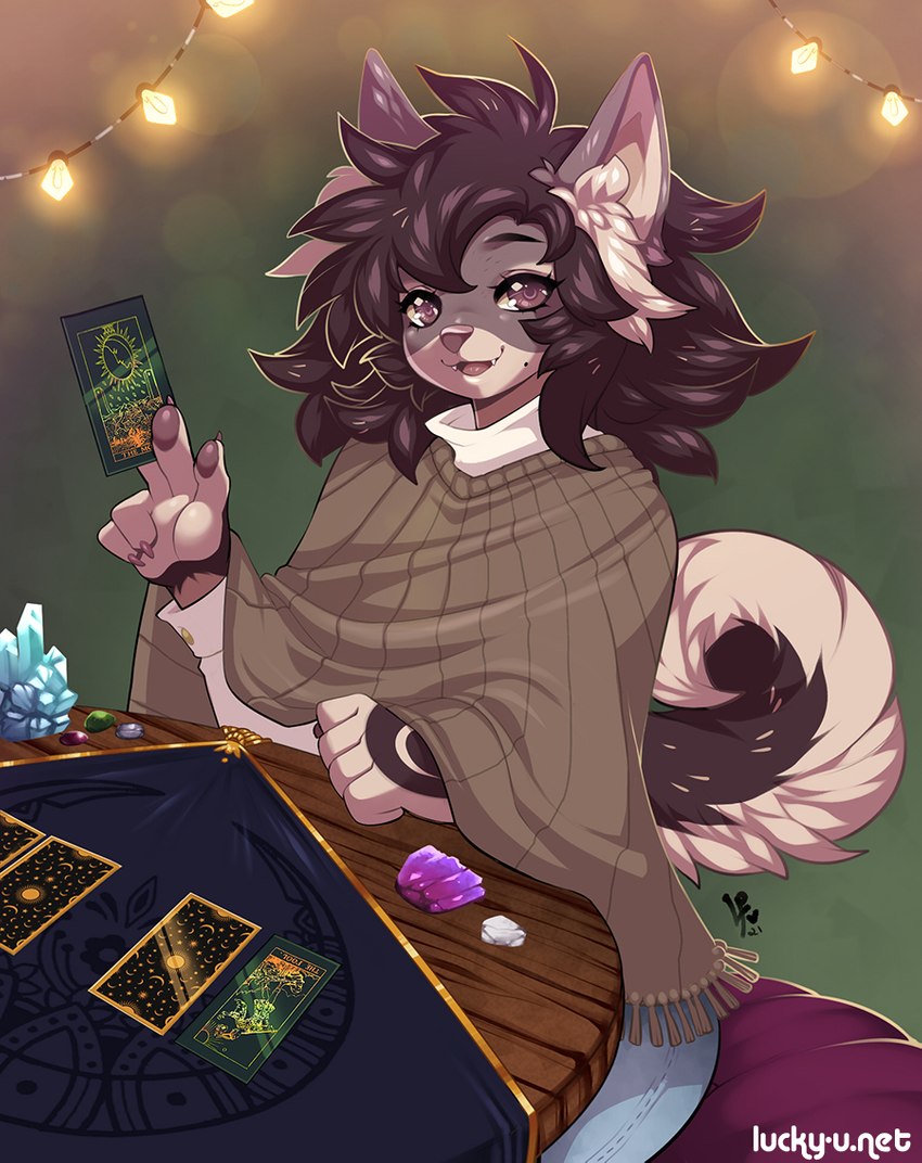 ambiguous_gender anthro brown_hair card clothed clothing fortune_telling hair major_arcana open_mouth solo tarot tarot_card text the_fool_(tarot) the_moon_(tarot) luckypan canid canine canis domestic_dog mammal 2021 digital_media_(artwork) shaded url