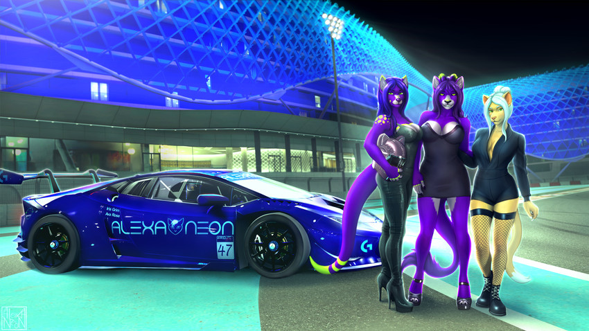 armor boots car clothed clothing dress female female/female fishnet_clothing fishnet_legwear footwear fur green_eyes group hair headgear helmet high_heeled_boots high_heels legwear night purple_body purple_fur purple_hair race_car race_track shoes stockings tail thigh_highs vehicle yellow_body yellow_fur alexa_neon lamborghini lamborghini_huracan logitech ava_rose7673 iris_grim canid canine canis felid feline humanoid jaguarundi mammal mustelid otter wolf 16:9 absurd_res hi_res widescreen