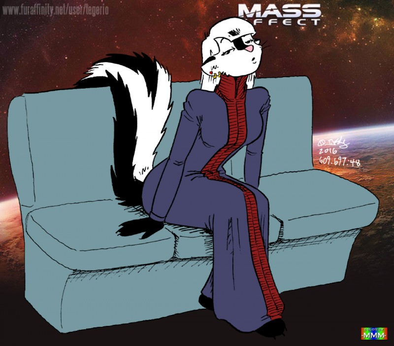 anthro black_body black_fur breasts clothed clothing ear_piercing ear_ring female fur furniture hair piercing pink_nose ring_piercing sofa solo whiskers white_body white_fur white_hair marmelmm tegerio third-party_edit bioware electronic_arts mass_effect zandar's_saga kelly_o'dor mammal mephitid skunk striped_skunk 2016 color_edit colored