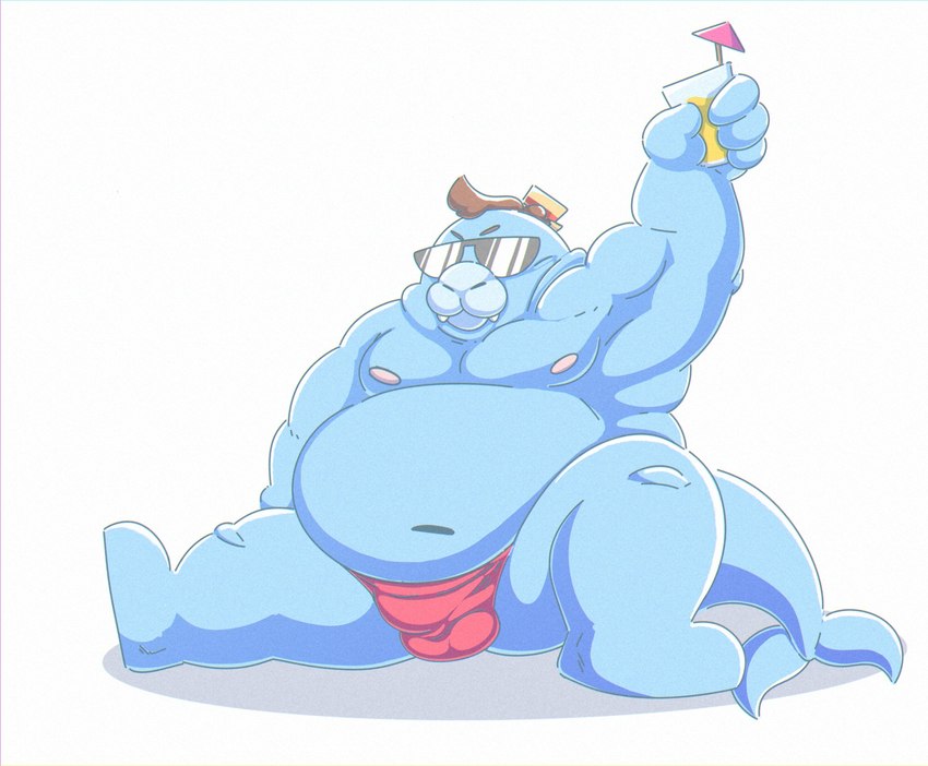 anthro belly big_belly blue_body bulge clothing eyewear hat headgear headwear male moobs navel nipples overweight overweight_male simple_background sitting solo sunglasses underwear white_background 06betos11 animal_crossing nintendo wardell_(animal_crossing) mammal manatee marine sirenian 2024 hi_res