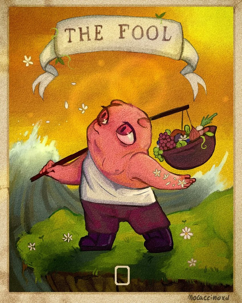 anthro biped bottomwear card card_template clothing detailed_background flower food fortune_telling humanoid_hands major_arcana outside pants pink_body plant solo tarot tarot_card the_fool_(tarot) mocaccinoxd unicorn_wars gordi_(unicorn_wars) bear mammal 2023 4:5 hi_res