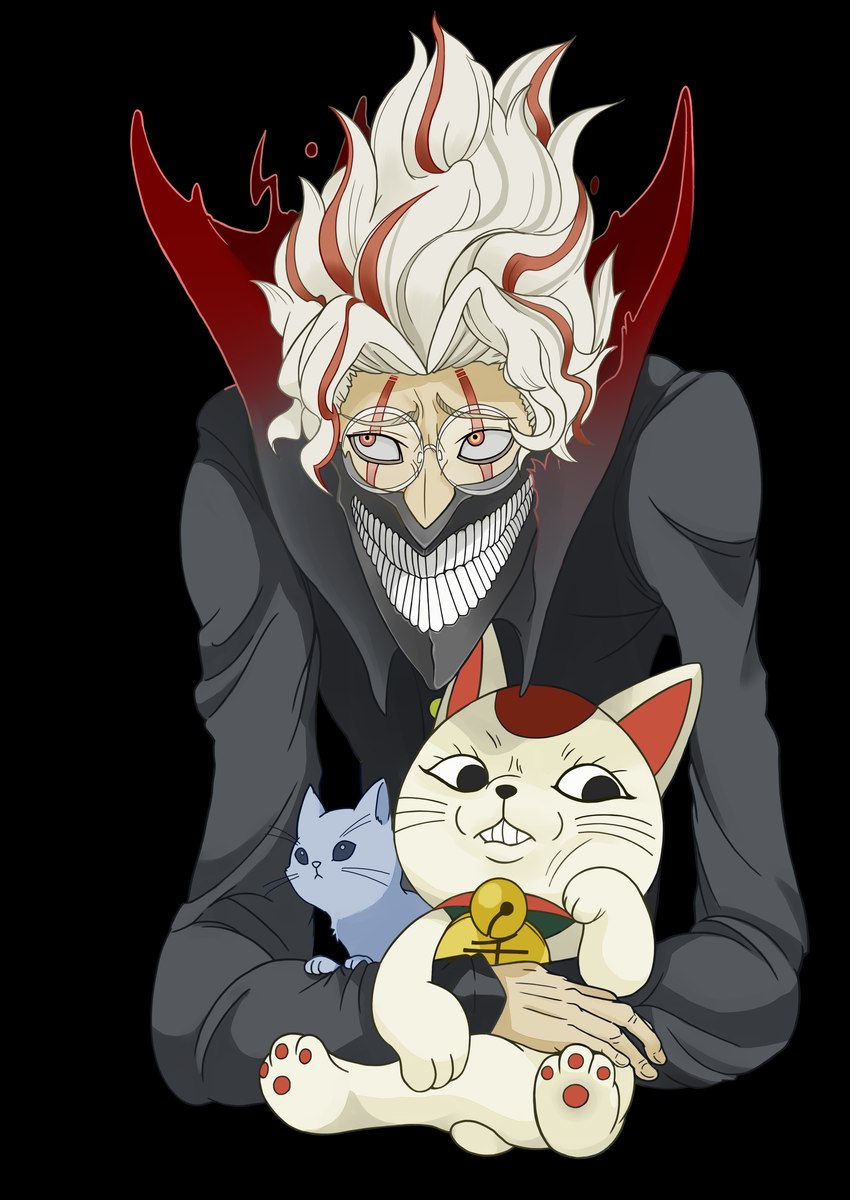 ambiguous_gender anthro clothed clothing eyewear feral glasses group male not_furry_focus trio hetanari dandadan maneki-neko ken_takakura turbo_granny_(dandadan) domestic_cat felid feline felis human mammal absurd_res alpha_channel hi_res