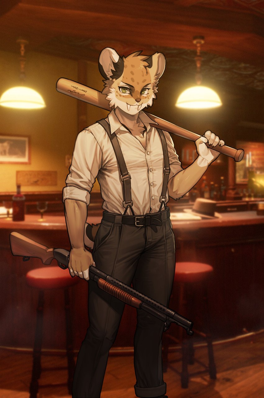 5_fingers anthro bar baseball_bat bat_(object) belt bottomwear clothed clothing countershading dual_wielding fangs fingers fully_clothed furniture green_eyes gun holding_object holding_weapon inside male pants ranged_weapon rifle sabertooth_(anatomy) shirt shotgun solo stool suspenders teeth topwear weapon winchester_1897 pgm300 winchester winchester_repeating_arms_company felid feline mammal 2022 absurd_res digital_media_(artwork) hi_res shaded